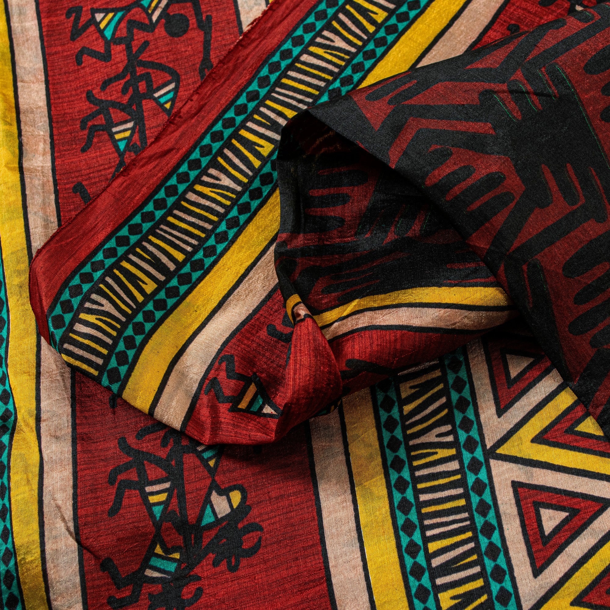 Sanskriti Vintage Red-Black Pure Silk Saree Warli Art Abstract5.5+Yd Sari Fabric