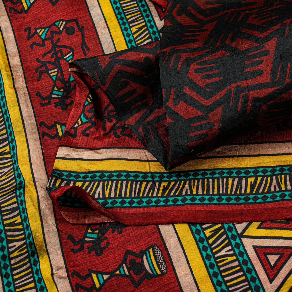 Sanskriti Vintage Red-Black Pure Silk Saree Warli Art Abstract5.5+Yd Sari Fabric