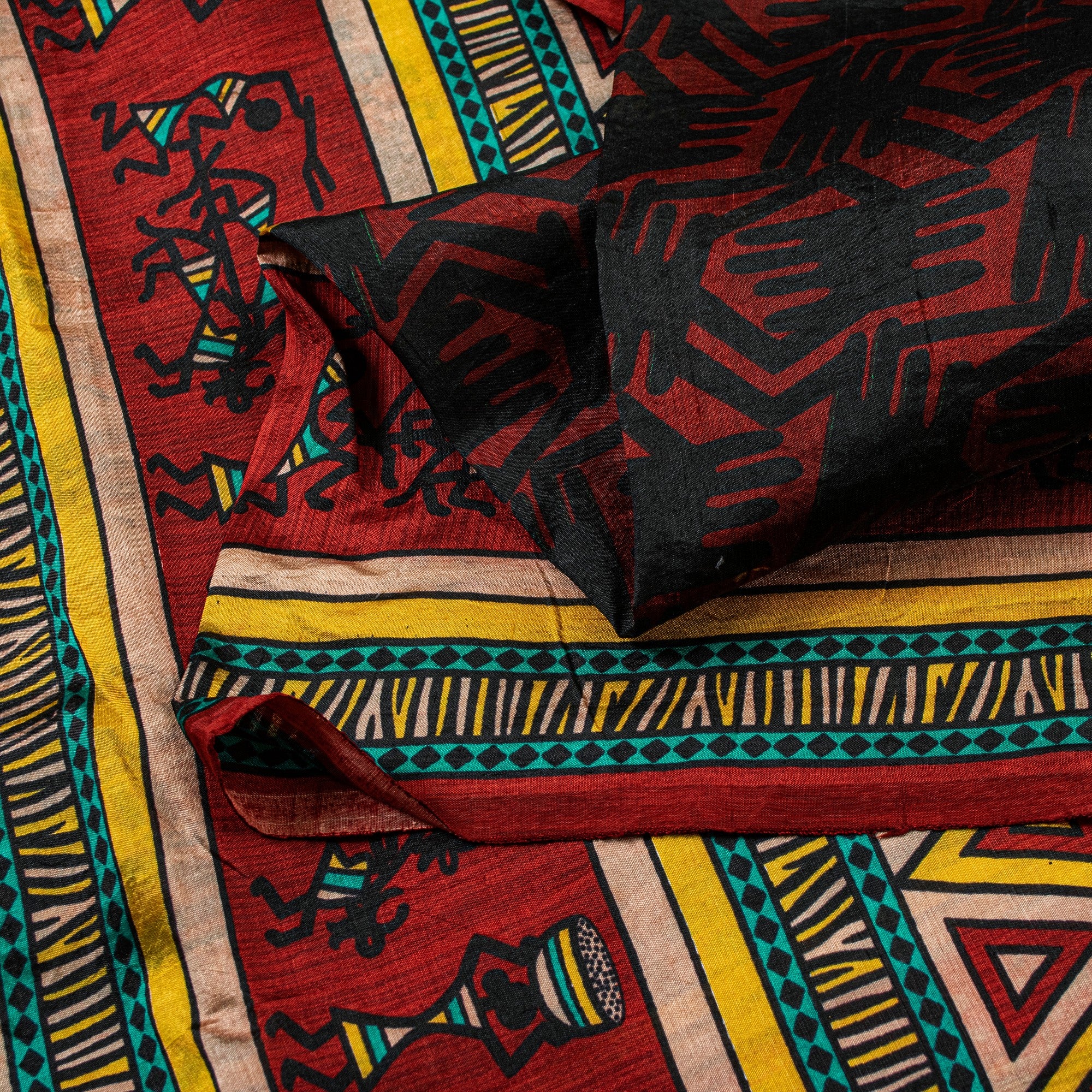 Sanskriti Vintage Red-Black Pure Silk Saree Warli Art Abstract5.5+Yd Sari Fabric