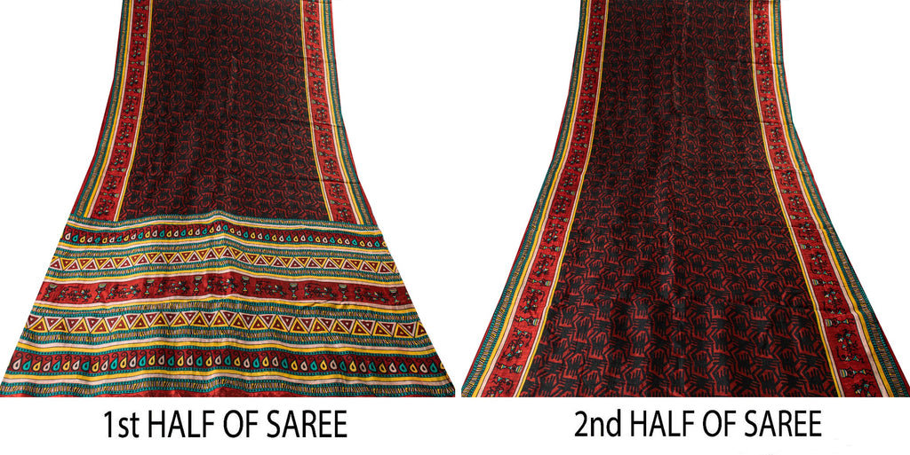 Sanskriti Vintage Red-Black Pure Silk Saree Warli Art Abstract5.5+Yd Sari Fabric
