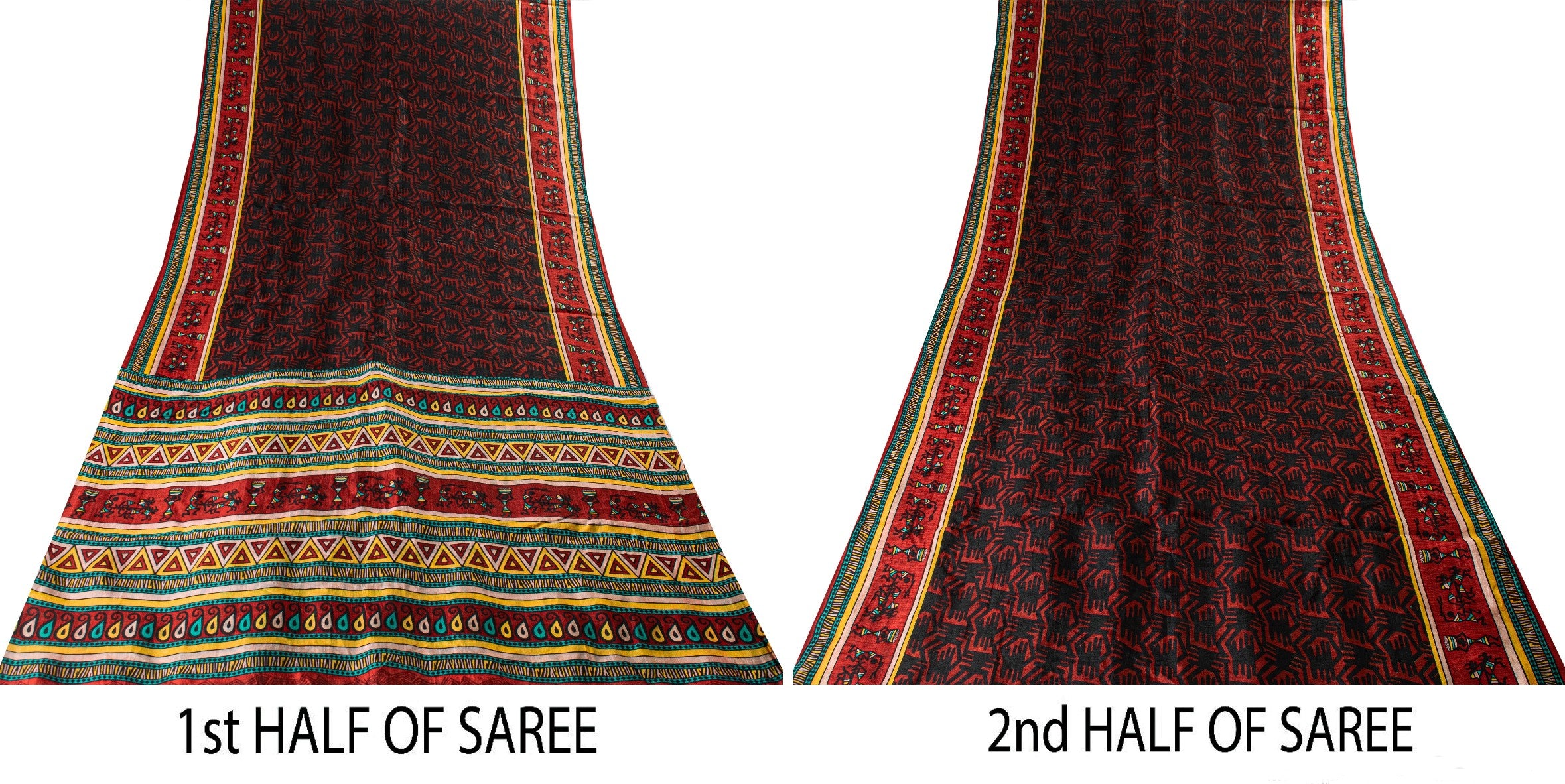 Sanskriti Vintage Red-Black Pure Silk Saree Warli Art Abstract5.5+Yd Sari Fabric