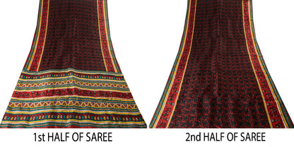 Sanskriti Vintage Red-Black Pure Silk Saree Warli Art Abstract5.5+Yd Sari Fabric