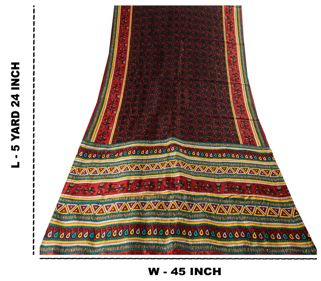 Sanskriti Vintage Red-Black Pure Silk Saree Warli Art Abstract5.5+Yd Sari Fabric