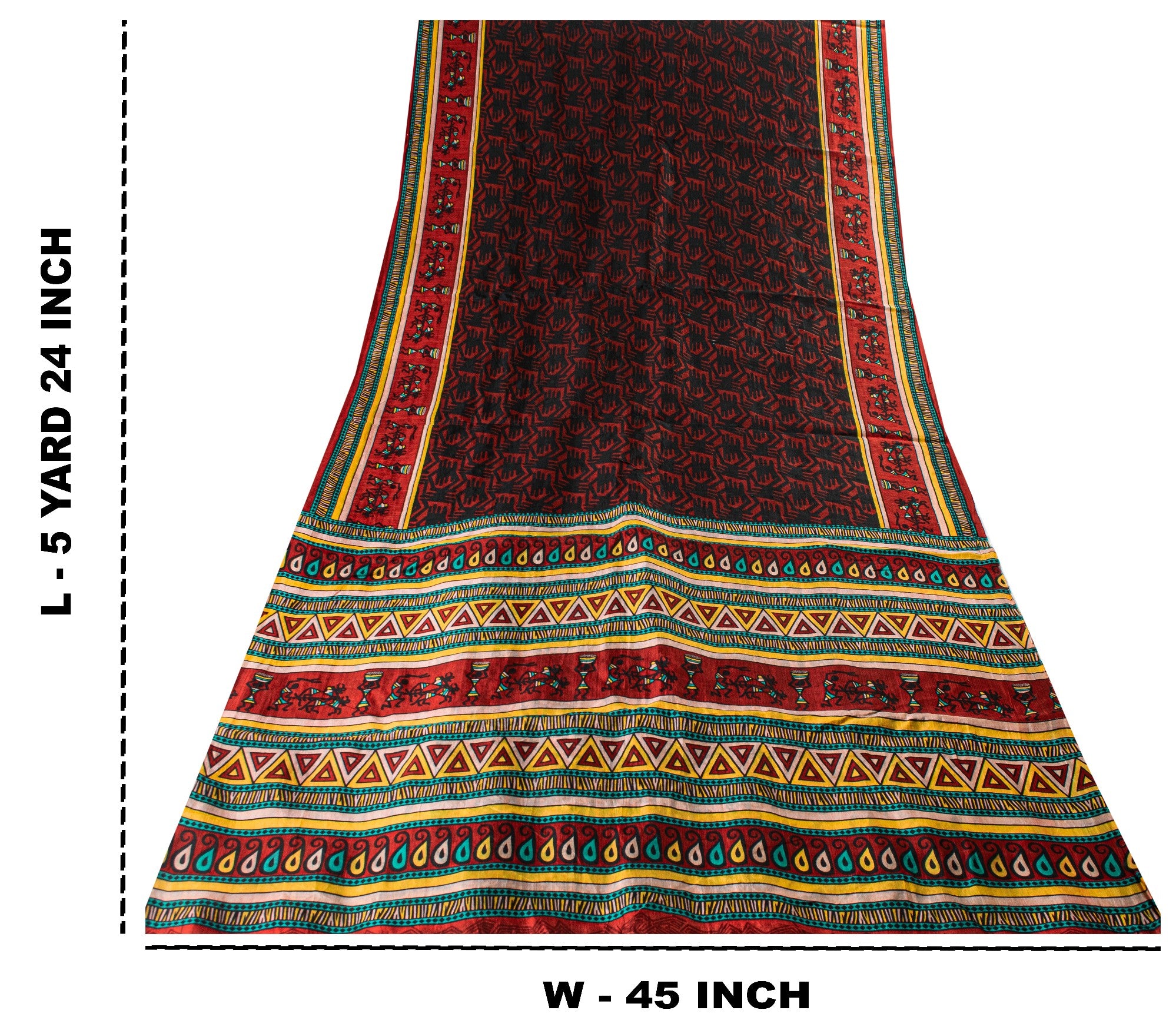 Sanskriti Vintage Red-Black Pure Silk Saree Warli Art Abstract5.5+Yd Sari Fabric