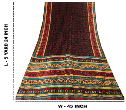 Sanskriti Vintage Red-Black Pure Silk Saree Warli Art Abstract5.5+Yd Sari Fabric