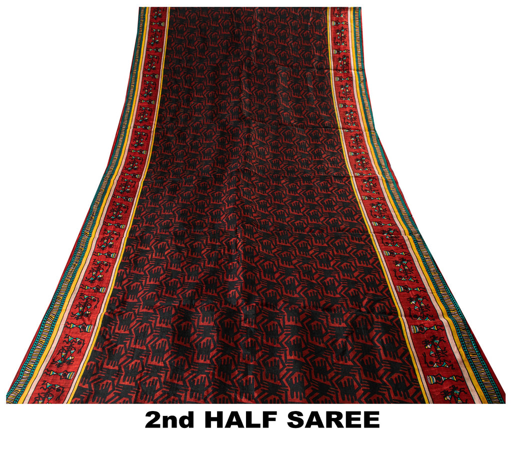 Sanskriti Vintage Red-Black Pure Silk Saree Warli Art Abstract5.5+Yd Sari Fabric