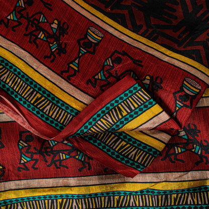Sanskriti Vintage Red-Black Pure Silk Saree Warli Art Abstract5.5+Yd Sari Fabric