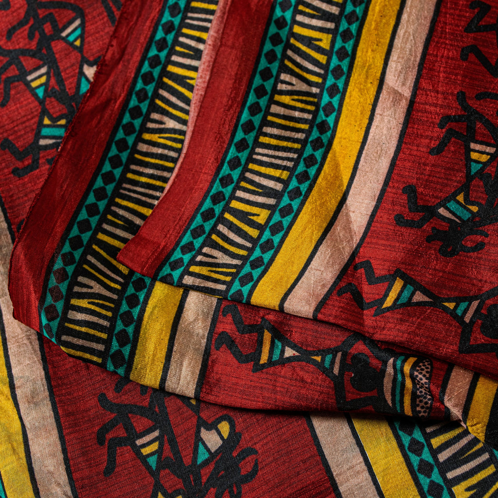 Sanskriti Vintage Red-Black Pure Silk Saree Warli Art Abstract5.5+Yd Sari Fabric