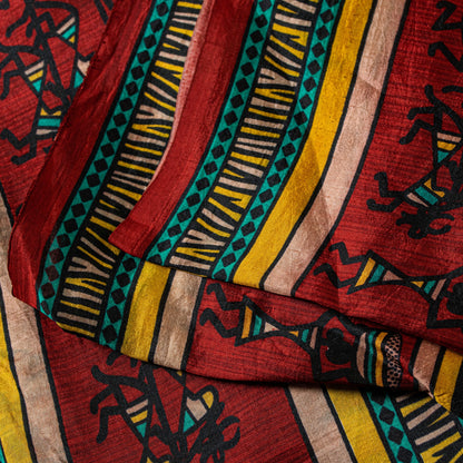 Sanskriti Vintage Red-Black Pure Silk Saree Warli Art Abstract5.5+Yd Sari Fabric