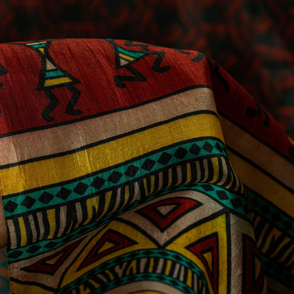 Sanskriti Vintage Red-Black Pure Silk Saree Warli Art Abstract5.5+Yd Sari Fabric