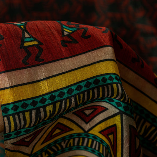 Sanskriti Vintage Red-Black Pure Silk Saree Warli Art Abstract5.5+Yd Sari Fabric