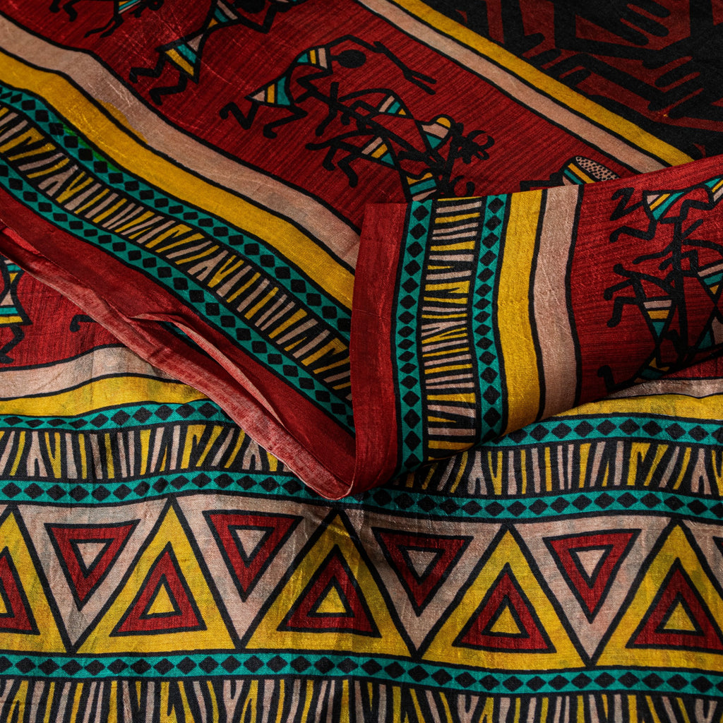 Sanskriti Vintage Red-Black Pure Silk Saree Warli Art Abstract5.5+Yd Sari Fabric