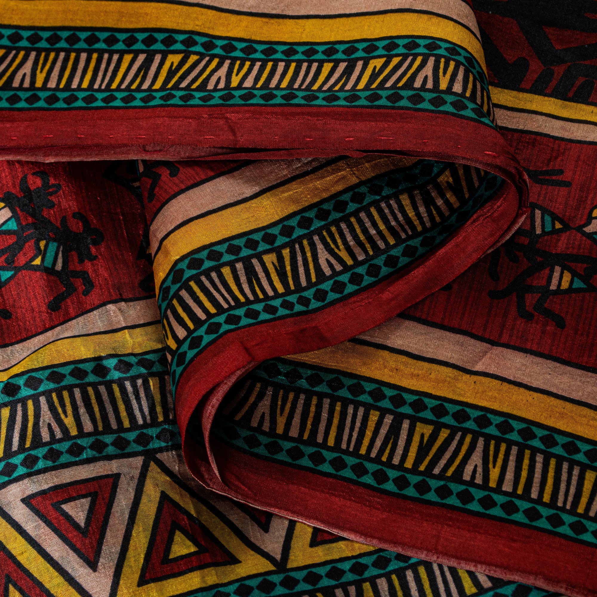 Sanskriti Vintage Red-Black Pure Silk Saree Warli Art Abstract5.5+Yd Sari Fabric