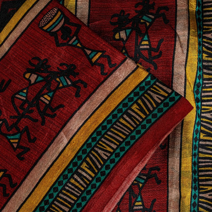 Sanskriti Vintage Red-Black Pure Silk Saree Warli Art Abstract5.5+Yd Sari Fabric