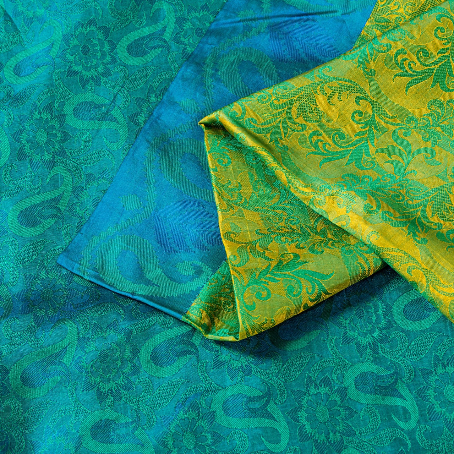 Sanskriti Vintage Craft Supply Floral Print Green Blue Pure Silk Sarees 6YD Sari
