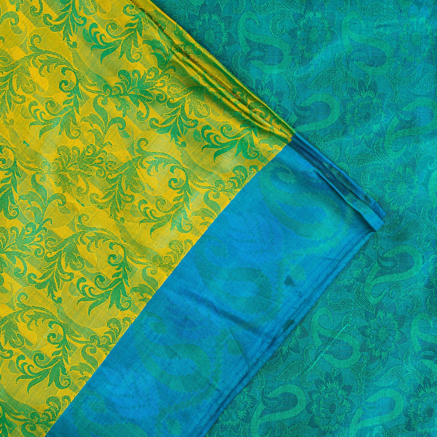Sanskriti Vintage Craft Supply Floral Print Green Blue Pure Silk Sarees 6YD Sari