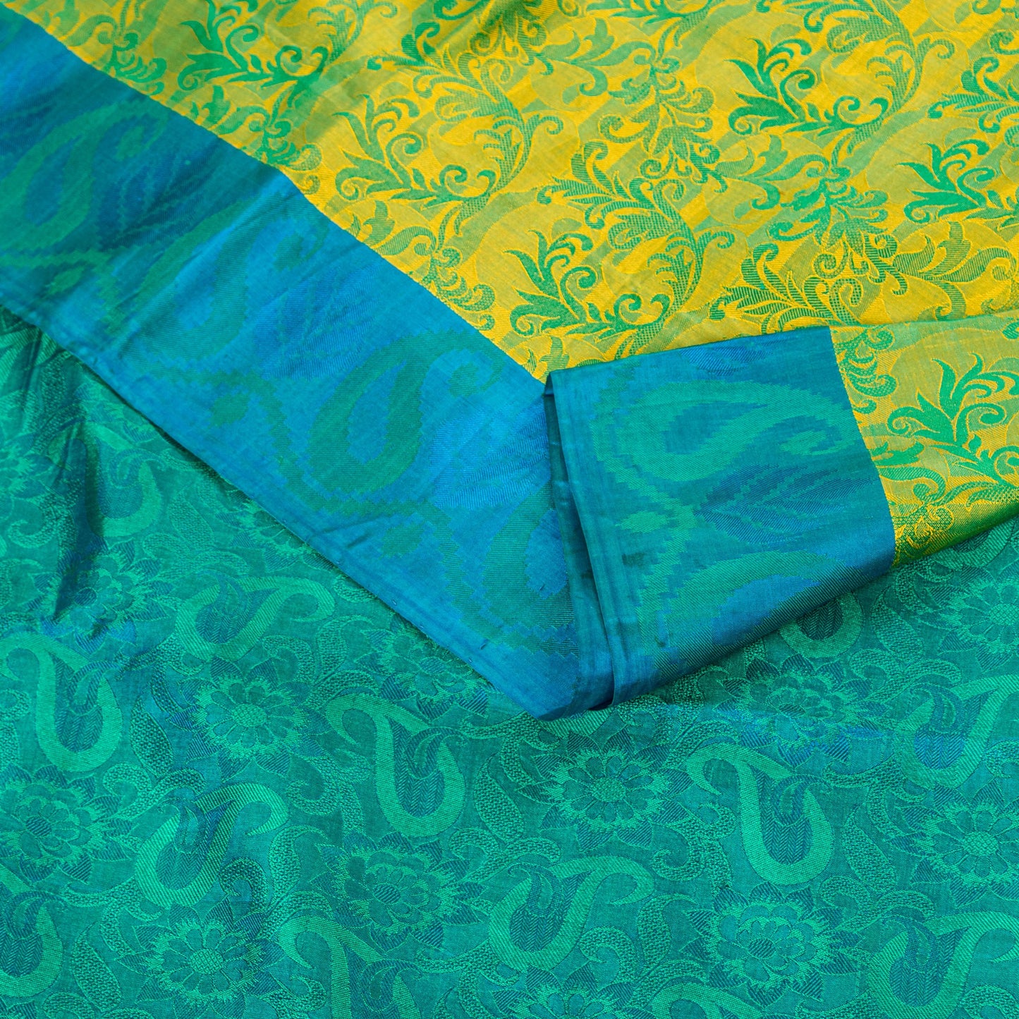 Sanskriti Vintage Craft Supply Floral Print Green Blue Pure Silk Sarees 6YD Sari