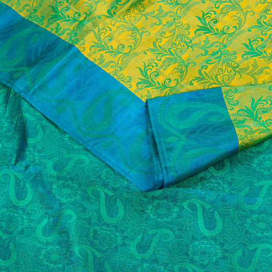 Sanskriti Vintage Craft Supply Floral Print Green Blue Pure Silk Sarees 6YD Sari