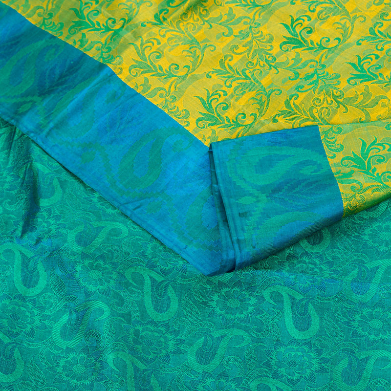 Sanskriti Vintage Craft Supply Floral Print Green Blue Pure Silk Sarees 6YD Sari