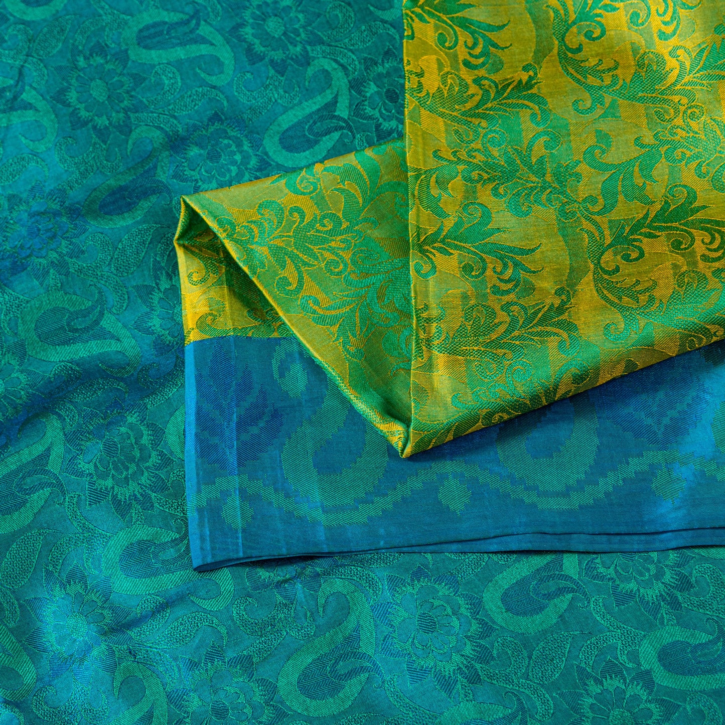 Sanskriti Vintage Craft Supply Floral Print Green Blue Pure Silk Sarees 6YD Sari