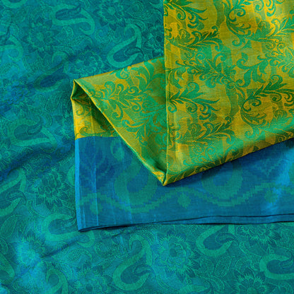 Sanskriti Vintage Craft Supply Floral Print Green Blue Pure Silk Sarees 6YD Sari