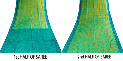 Sanskriti Vintage Craft Supply Floral Print Green Blue Pure Silk Sarees 6YD Sari