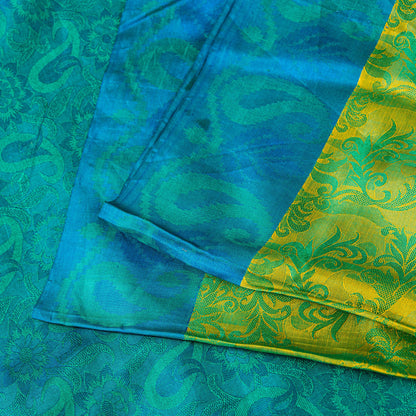 Sanskriti Vintage Craft Supply Floral Print Green Blue Pure Silk Sarees 6YD Sari