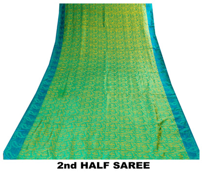 Sanskriti Vintage Craft Supply Floral Print Green Blue Pure Silk Sarees 6YD Sari