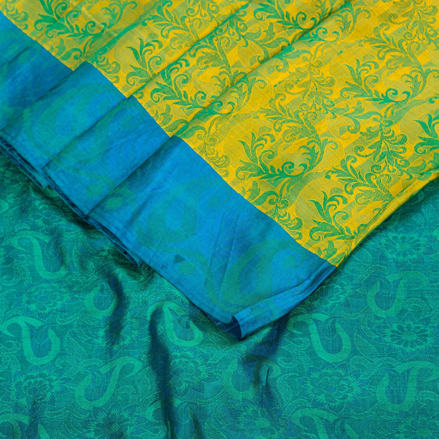Sanskriti Vintage Craft Supply Floral Print Green Blue Pure Silk Sarees 6YD Sari
