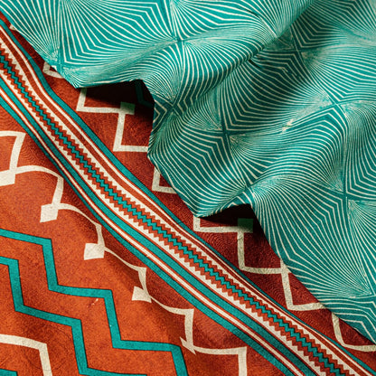 Sanskriti Vintage Sea Green-Orange Pure Silk Saree Geometric Print 5.5+Yd Fabric
