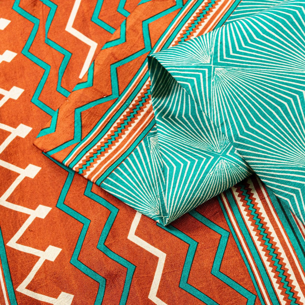 Sanskriti Vintage Sea Green-Orange Pure Silk Saree Geometric Print 5.5+Yd Fabric