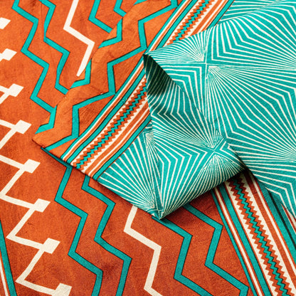 Sanskriti Vintage Sea Green-Orange Pure Silk Saree Geometric Print 5.5+Yd Fabric