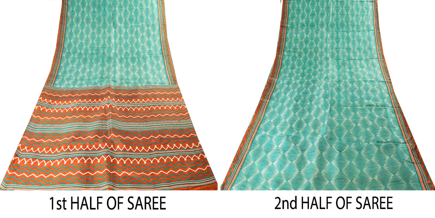 Sanskriti Vintage Sea Green-Orange Pure Silk Saree Geometric Print 5.5+Yd Fabric