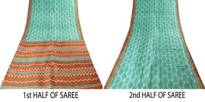 Sanskriti Vintage Sea Green-Orange Pure Silk Saree Geometric Print 5.5+Yd Fabric