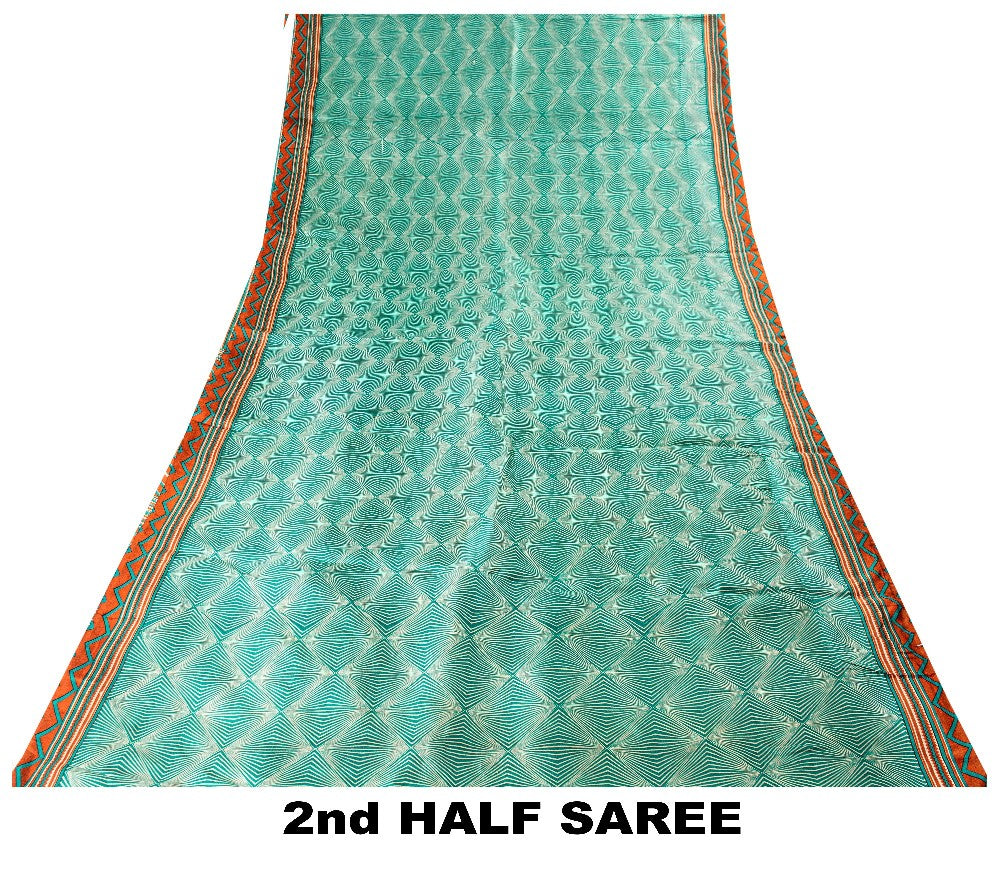 Sanskriti Vintage Sea Green-Orange Pure Silk Saree Geometric Print 5.5+Yd Fabric
