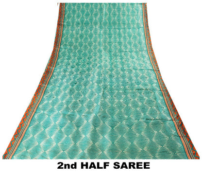 Sanskriti Vintage Sea Green-Orange Pure Silk Saree Geometric Print 5.5+Yd Fabric