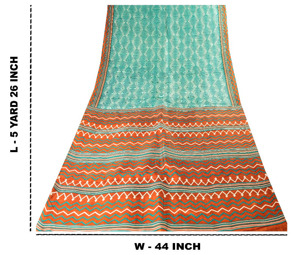 Sanskriti Vintage Sea Green-Orange Pure Silk Saree Geometric Print 5.5+Yd Fabric
