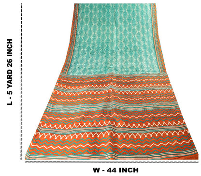 Sanskriti Vintage Sea Green-Orange Pure Silk Saree Geometric Print 5.5+Yd Fabric