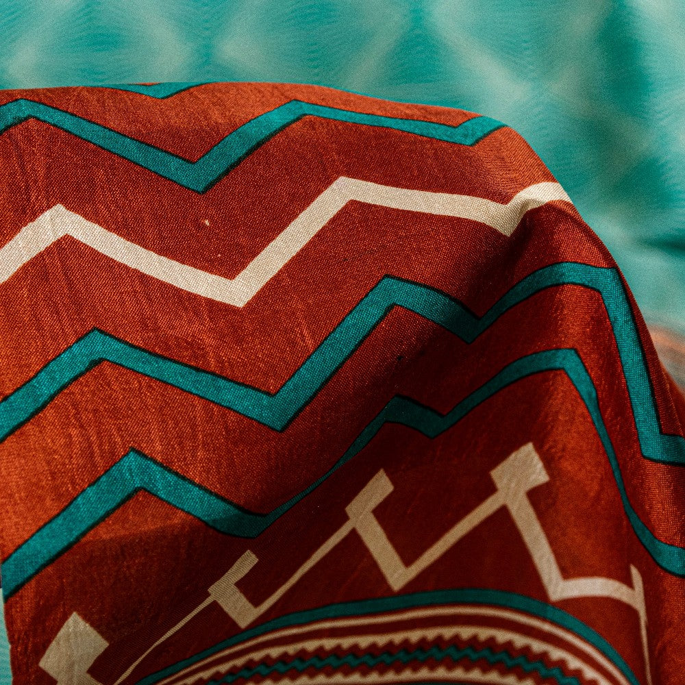 Sanskriti Vintage Sea Green-Orange Pure Silk Saree Geometric Print 5.5+Yd Fabric