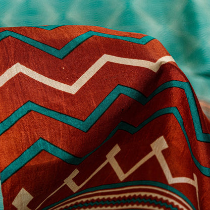 Sanskriti Vintage Sea Green-Orange Pure Silk Saree Geometric Print 5.5+Yd Fabric