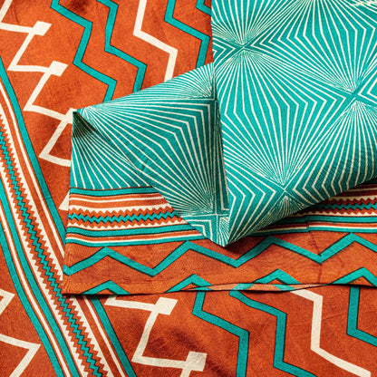 Sanskriti Vintage Sea Green-Orange Pure Silk Saree Geometric Print 5.5+Yd Fabric