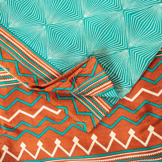 Sanskriti Vintage Sea Green-Orange Pure Silk Saree Geometric Print 5.5+Yd Fabric