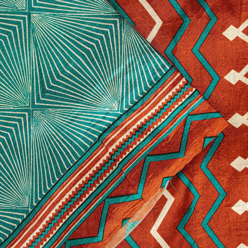 Sanskriti Vintage Sea Green-Orange Pure Silk Saree Geometric Print 5.5+Yd Fabric