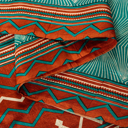 Sanskriti Vintage Sea Green-Orange Pure Silk Saree Geometric Print 5.5+Yd Fabric