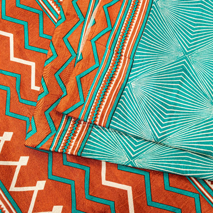 Sanskriti Vintage Sea Green-Orange Pure Silk Saree Geometric Print 5.5+Yd Fabric