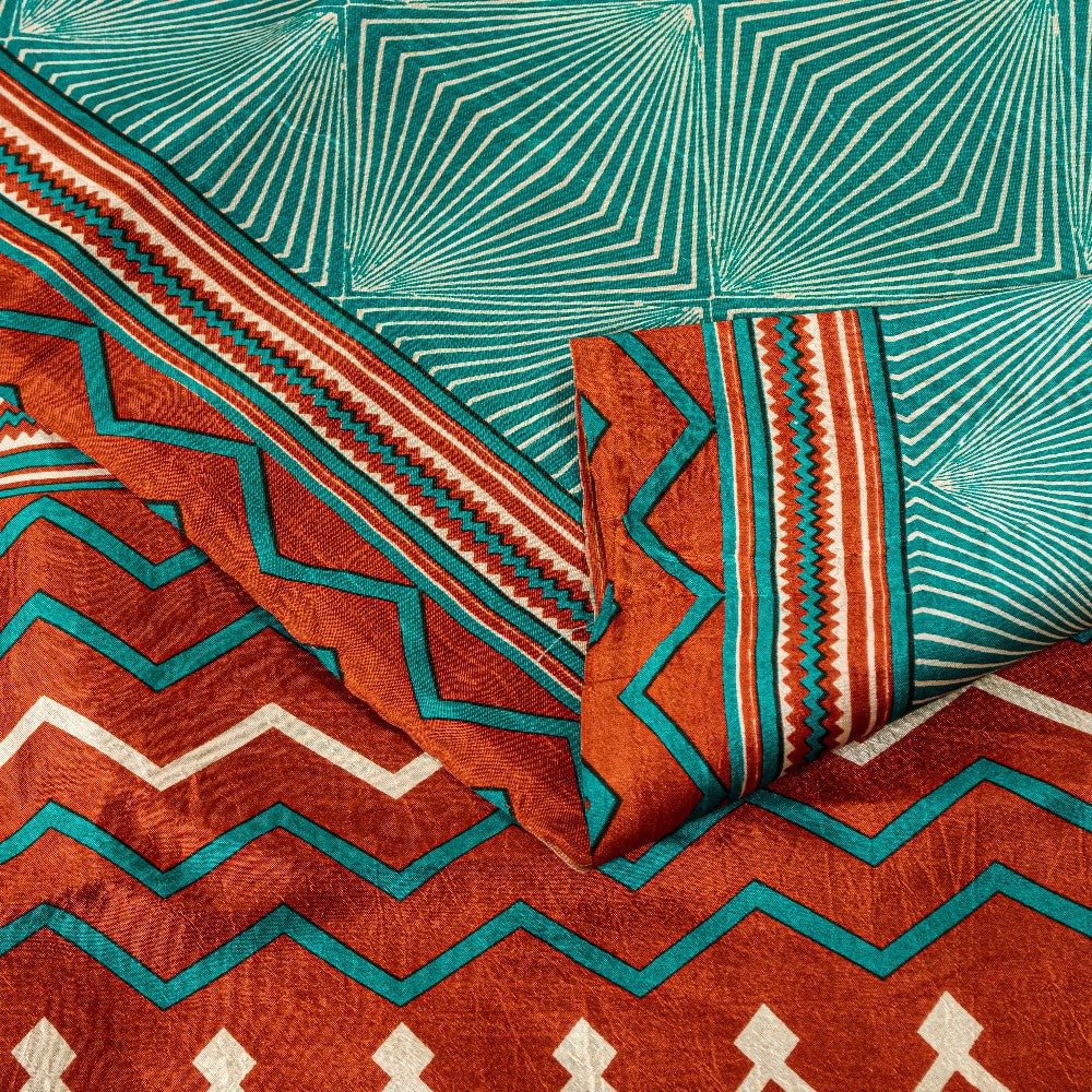 Sanskriti Vintage Sea Green-Orange Pure Silk Saree Geometric Print 5.5+Yd Fabric
