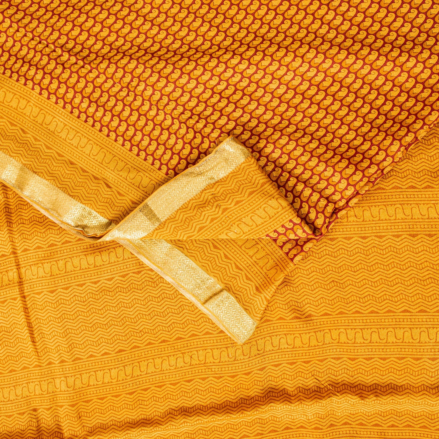 Sanskriti Vintage Orange-Saffron Sari Soft Pure Silk Block Printed Saree 5.5Yd