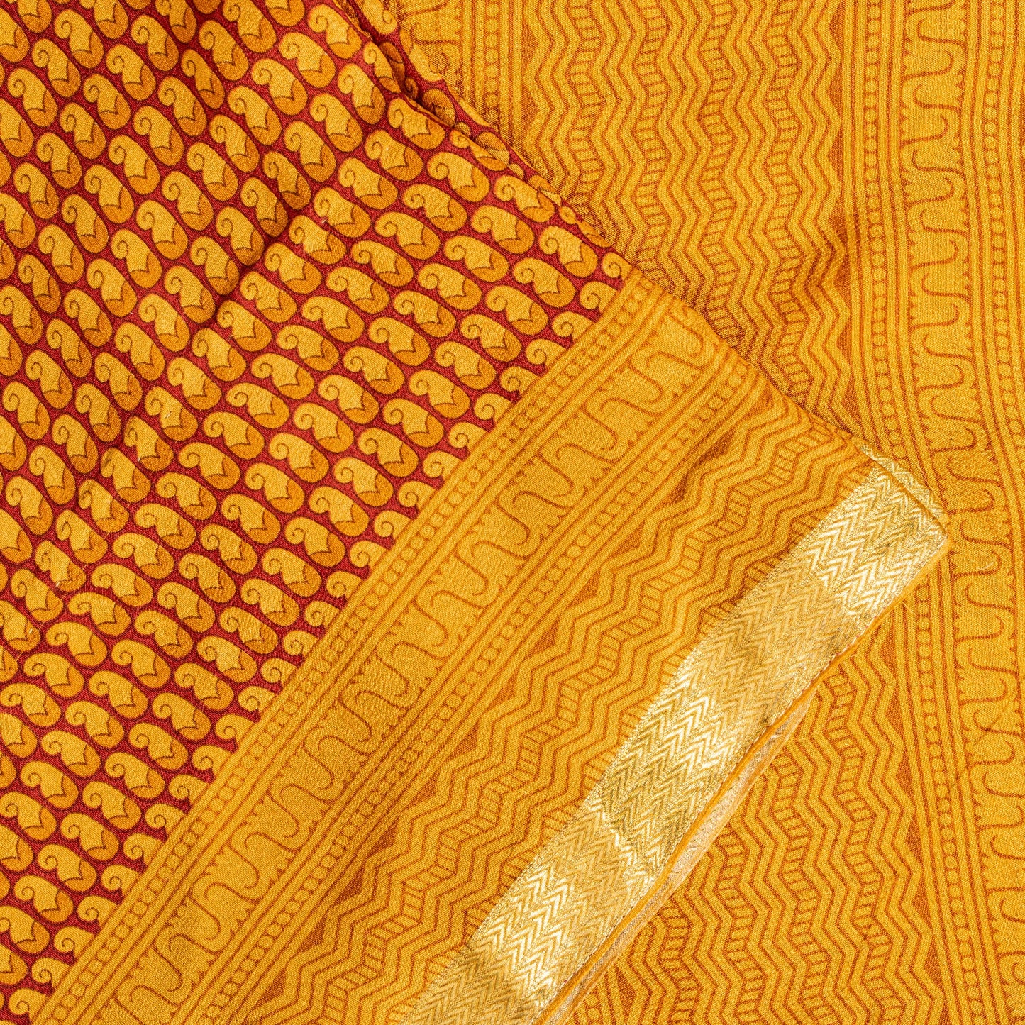 Sanskriti Vintage Orange-Saffron Sari Soft Pure Silk Block Printed Saree 5.5Yd