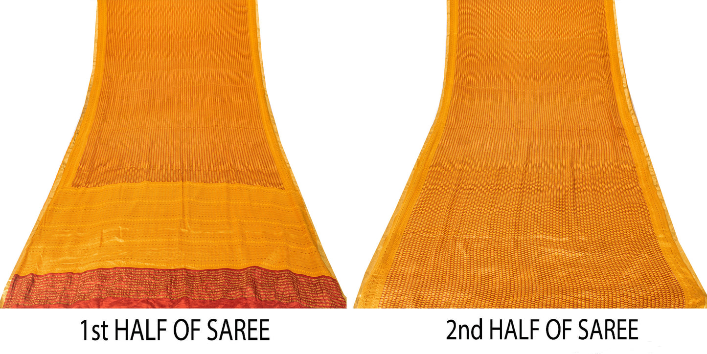 Sanskriti Vintage Orange-Saffron Sari Soft Pure Silk Block Printed Saree 5.5Yd