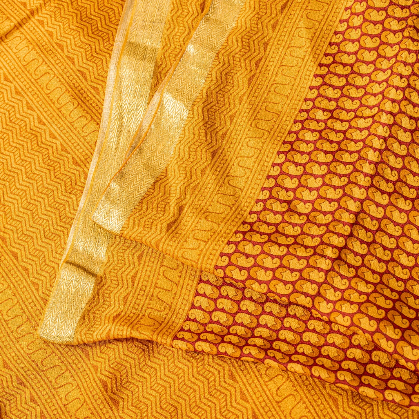 Sanskriti Vintage Orange-Saffron Sari Soft Pure Silk Block Printed Saree 5.5Yd